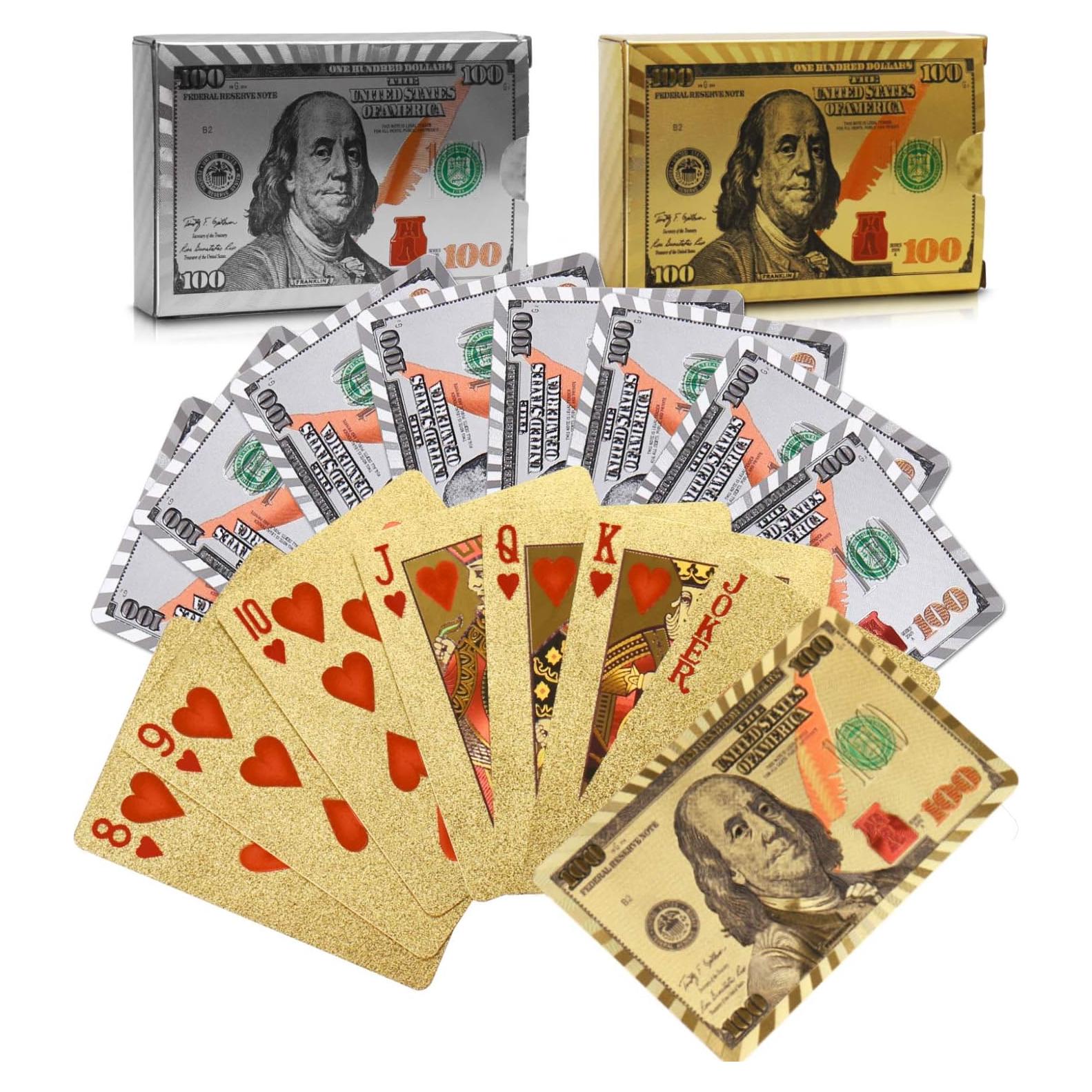Joyoldelf 2 Barajas de Cartas de Juego 24k Dólar Impermeables