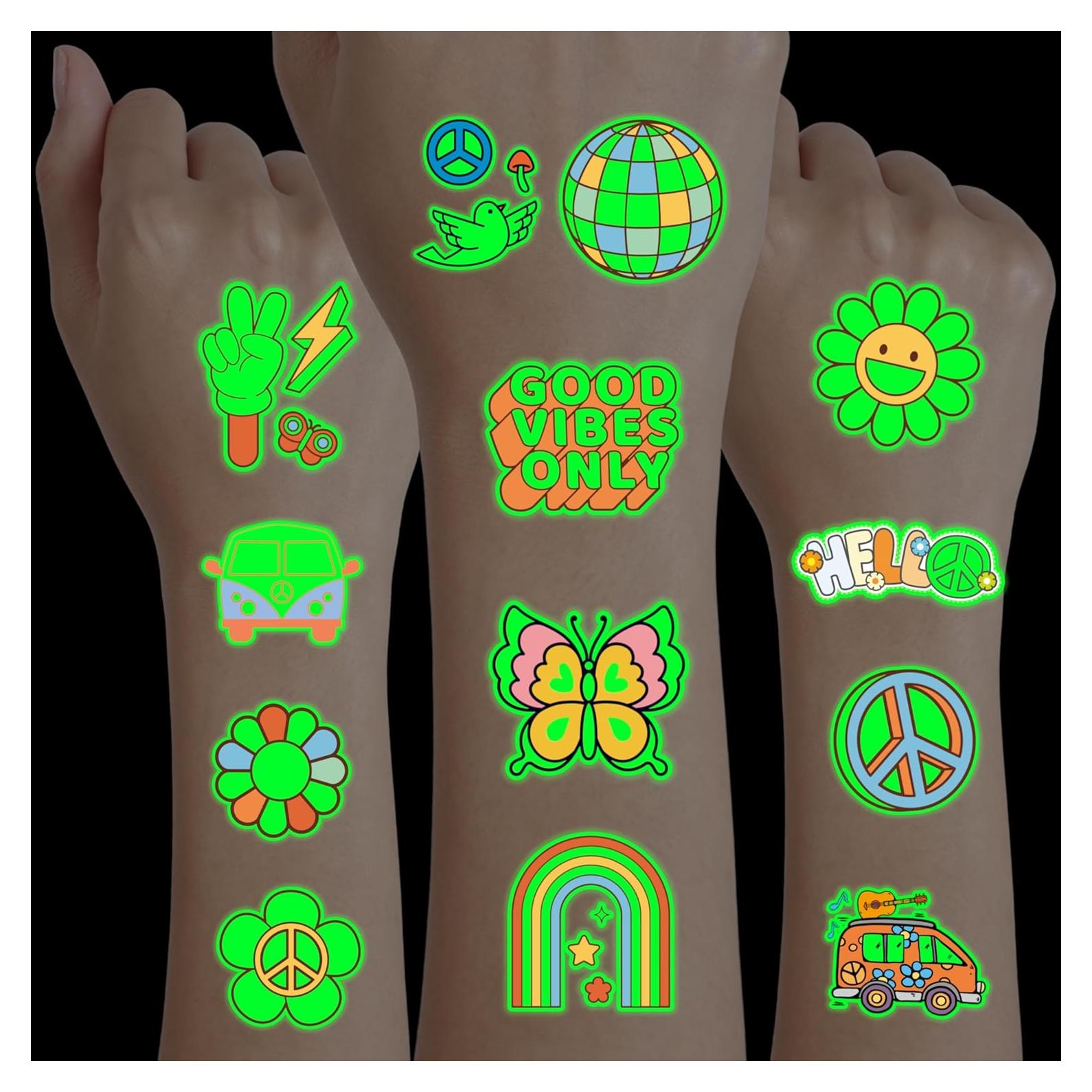 Tatuajes Temporales Pre-Cortados Groovy 70s - 96 Diseños