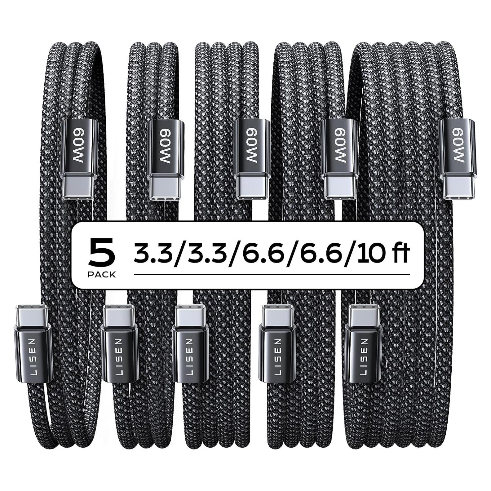 Cable USB C LISEN 60W Carga Rápida Paquete de 5 (1-3m)