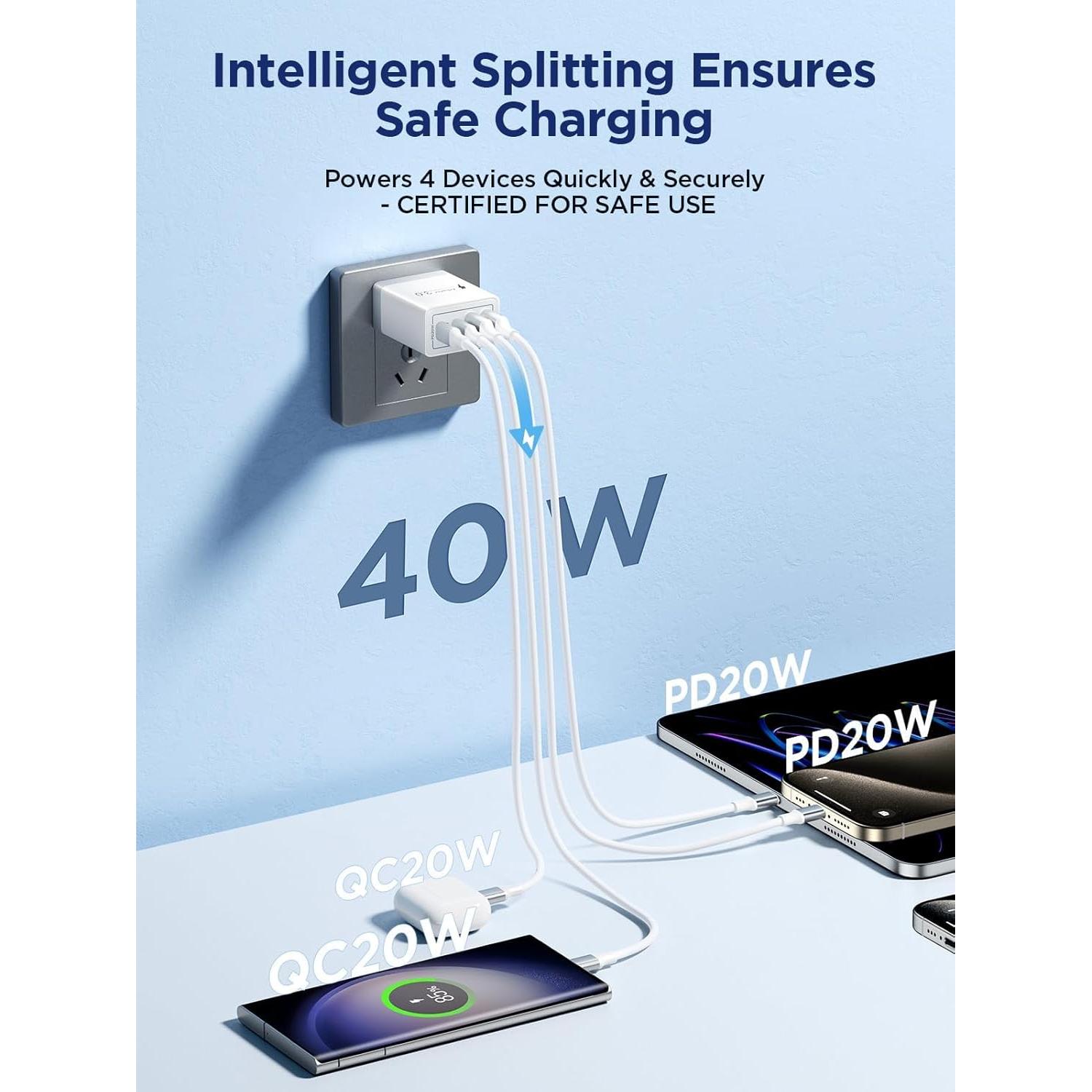 Cargador USB C Aioneus 40W 4 Puertos Carga Rápida Blanco