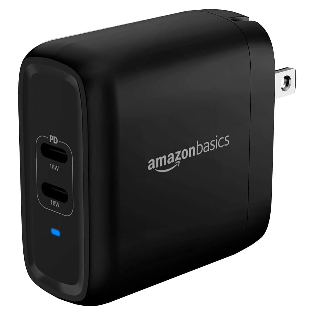 Cargador de pared USB-C 36W Amazon Basics, 2 puertos, Negro