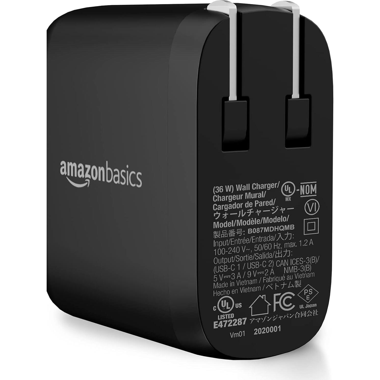 Cargador de pared USB-C 36W Amazon Basics, 2 puertos, Negro