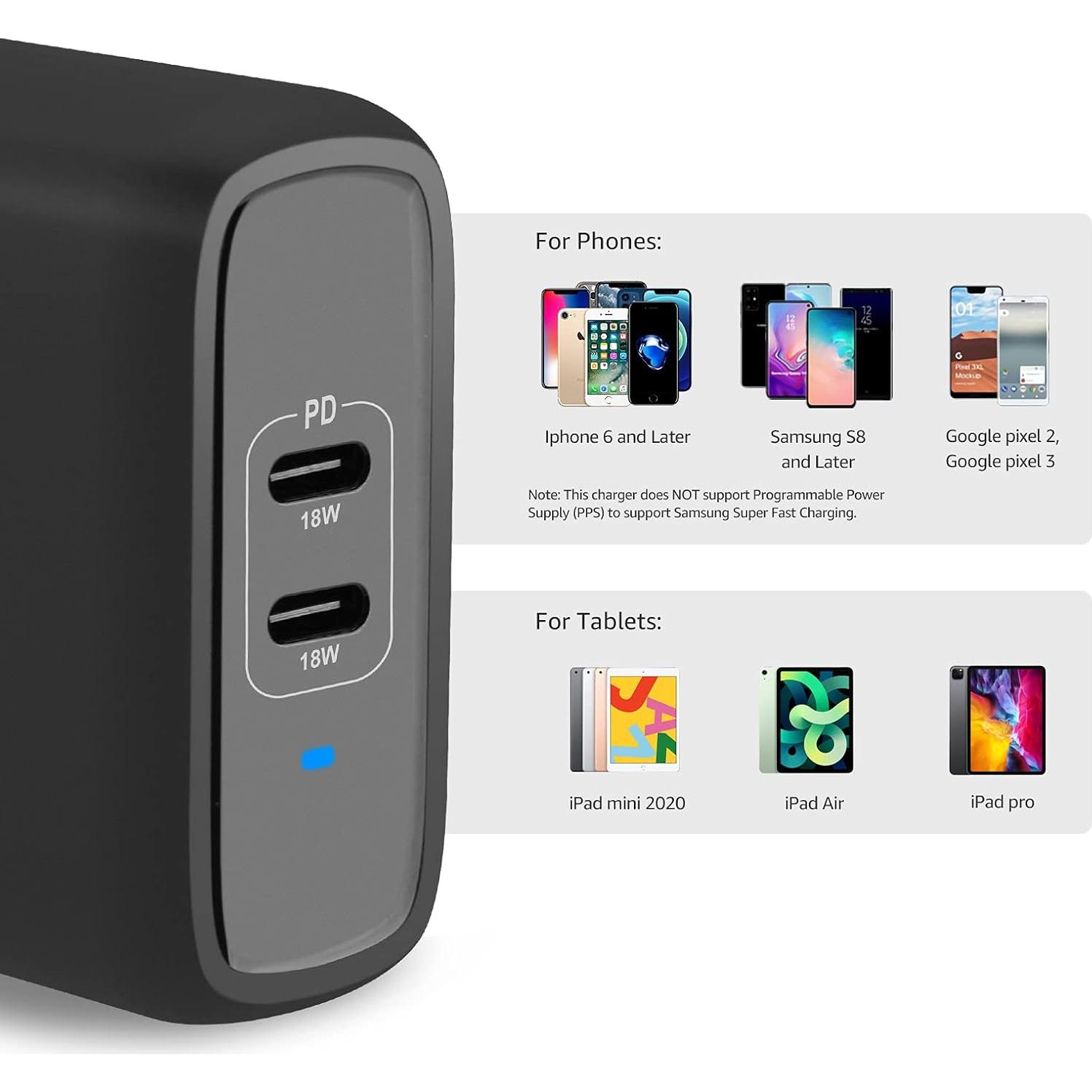 Cargador de pared USB-C 36W Amazon Basics, 2 puertos, Negro