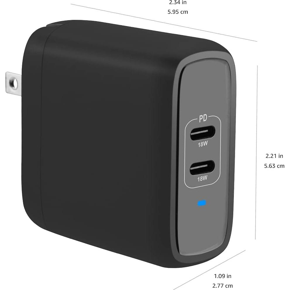 Cargador de pared USB-C 36W Amazon Basics, 2 puertos, Negro