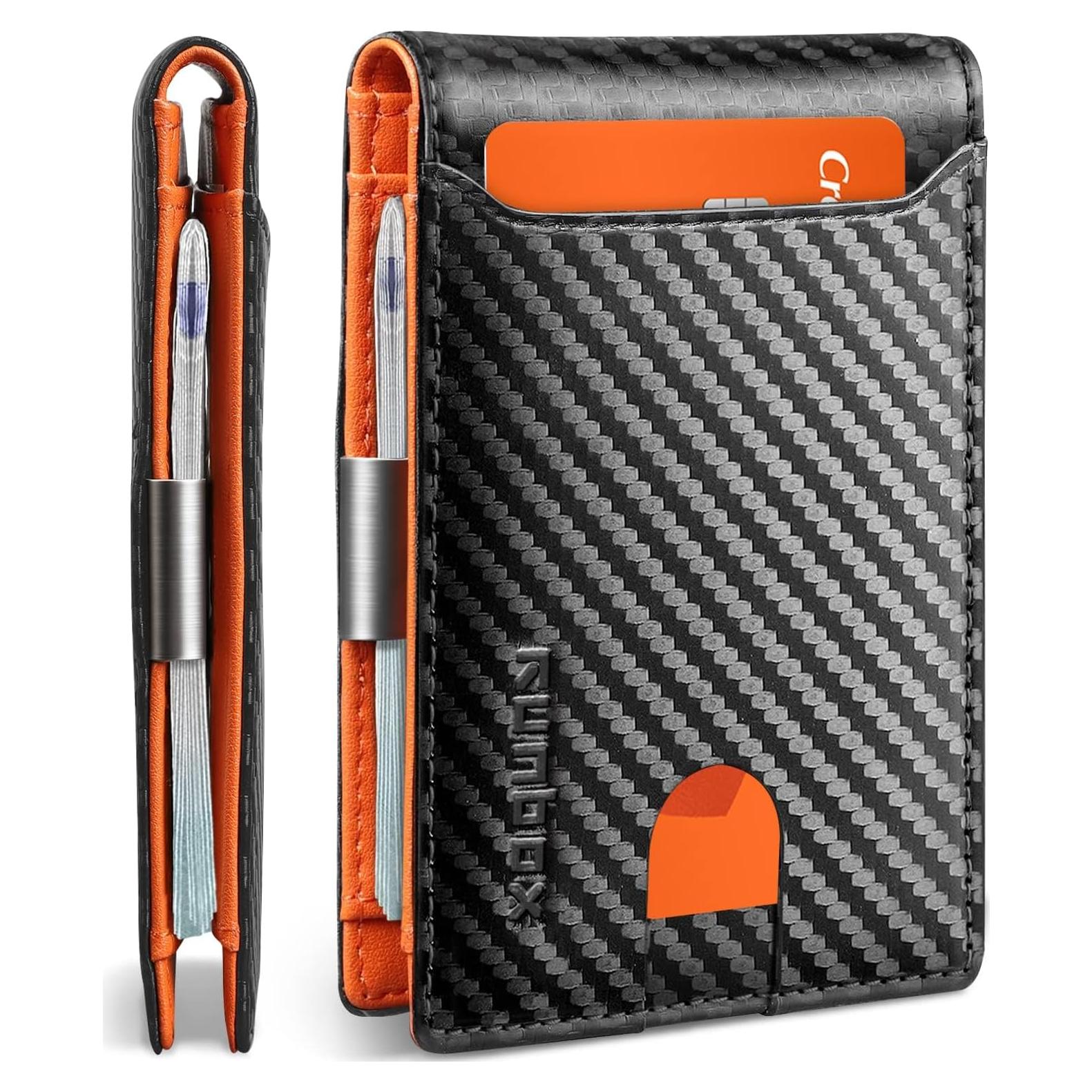 Cartera Bifold RUNBOX para Hombres - Bloqueo RFID - Carbono Negro y Naranja
