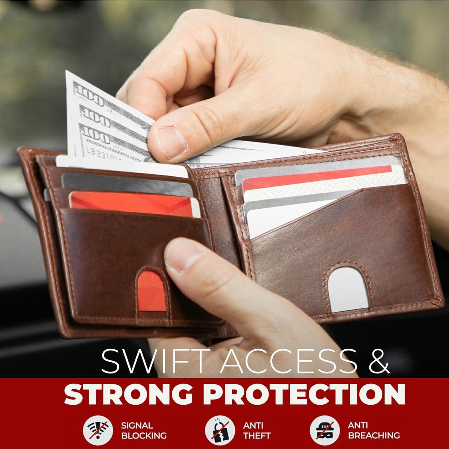 Billetera Bifold Bull Guard de Cuero Genuino Marrón RFID 11 Tarjetas