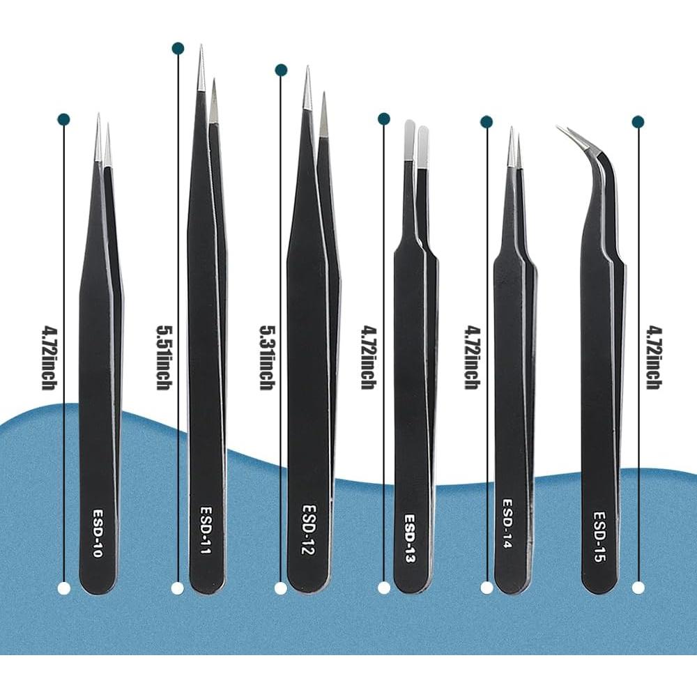 Juego de 6 Pinzas de Precisión CHERALKEST Acero Inoxidable ESD