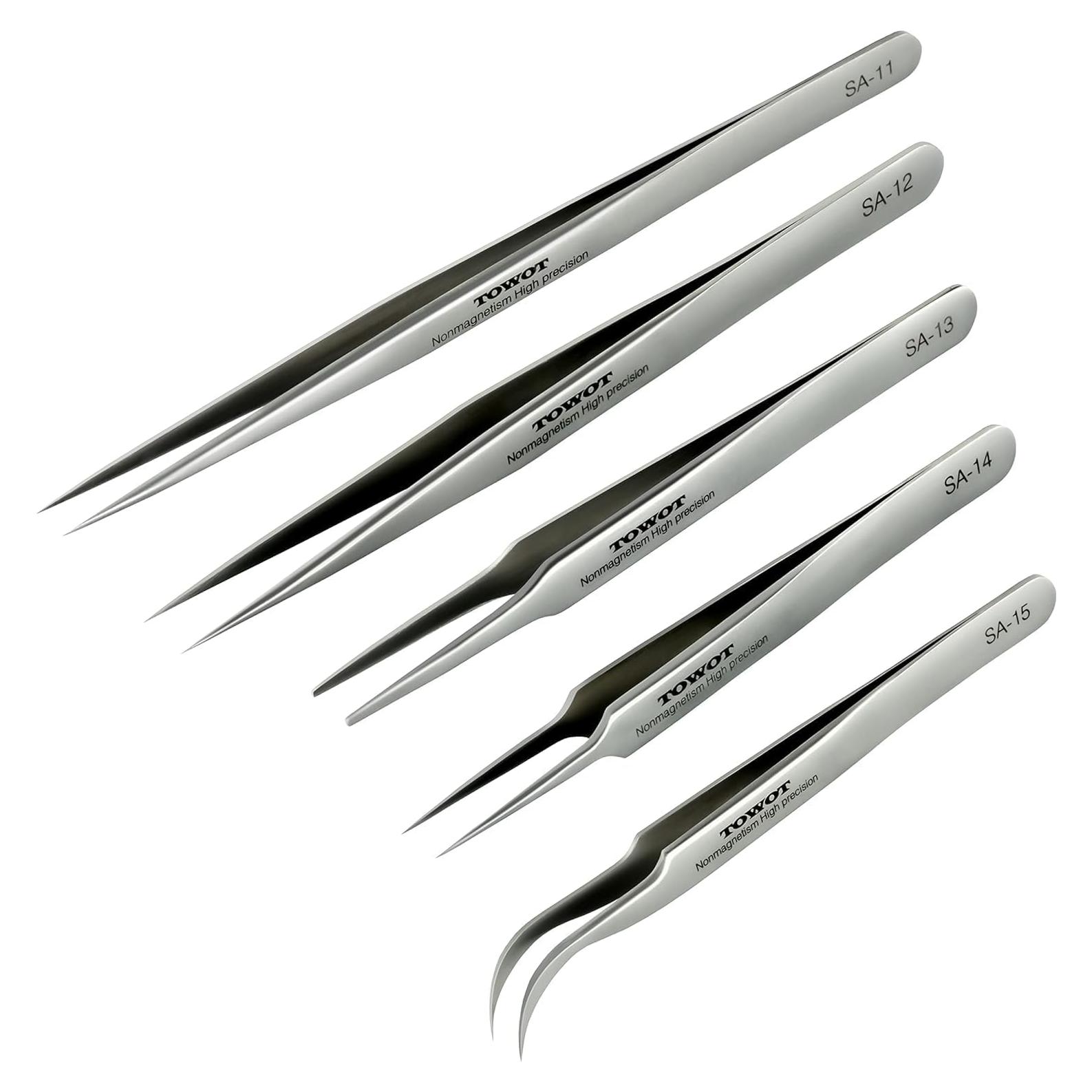 Pinzas de Precisión TOWOT 5 PCS Acero Inoxidable Curvadas