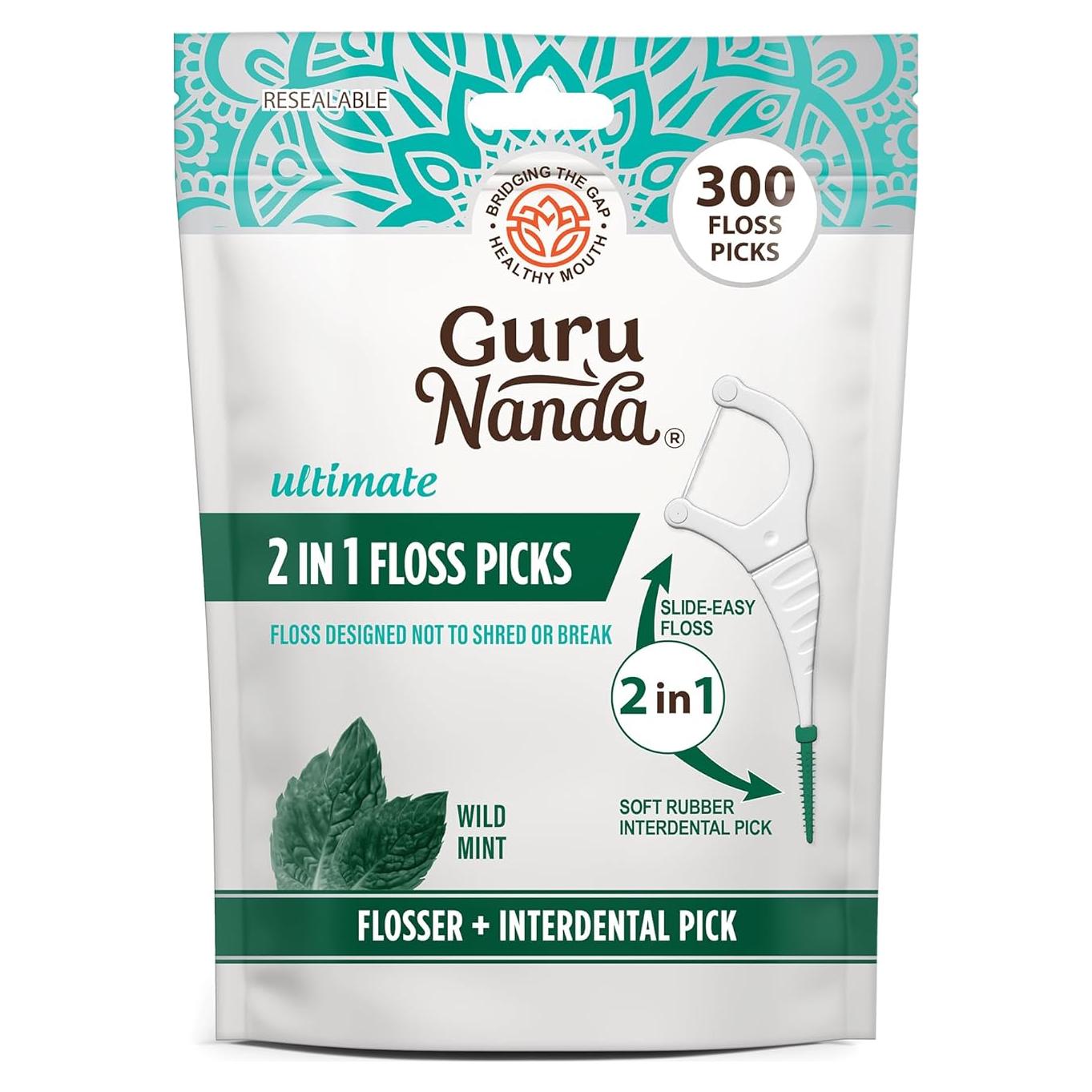 Palillos de Hilo Dental GuruNanda 2 en 1 - Sabor Menta, 300 Unidades