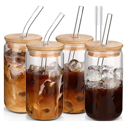 Juego de Tazas de Vidrio DWTS DANWEITESI 4 pcs 16 oz con Tapas y Pajitas