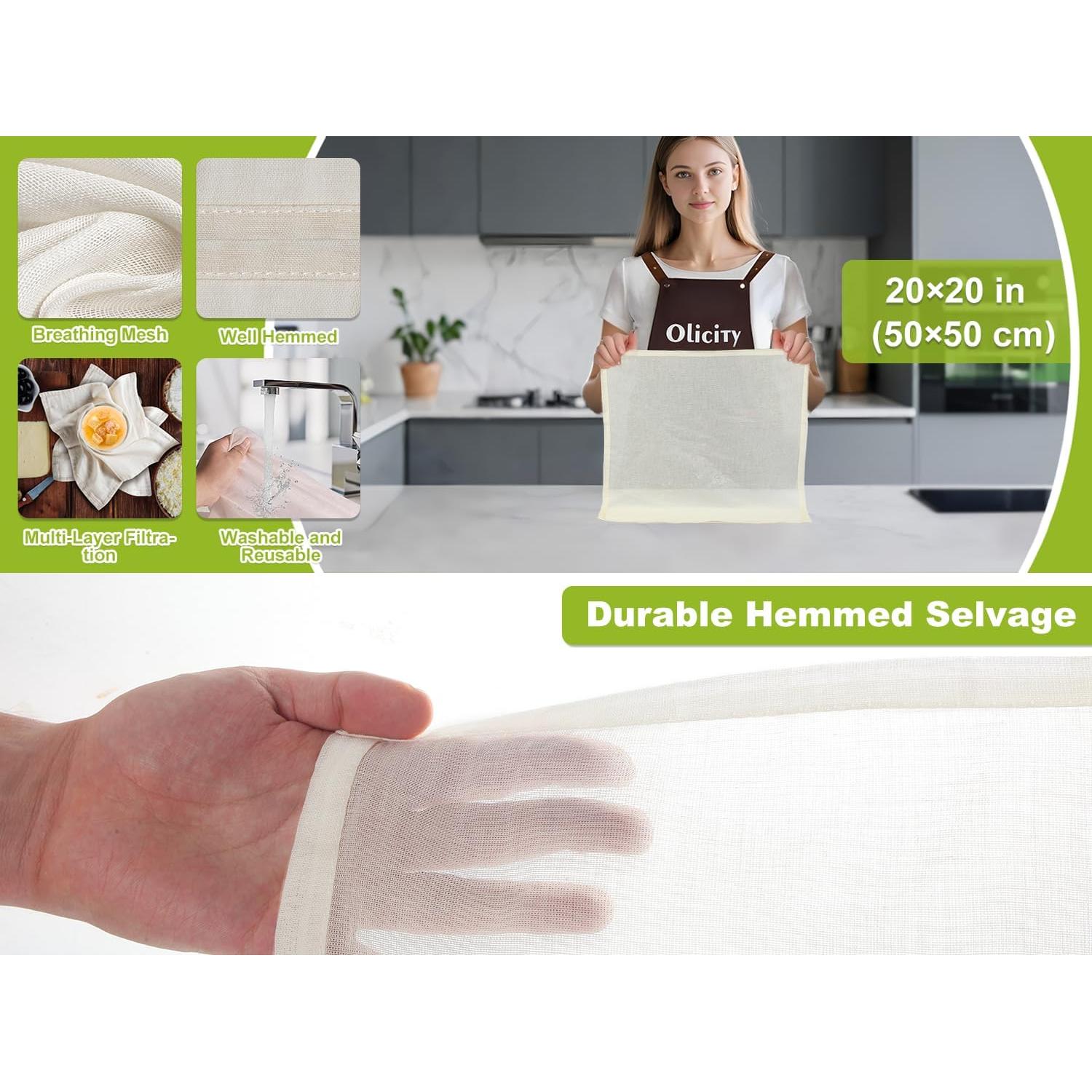 Paños de Queso Olicity 20x20 cm, 100% Algodón Orgánico - 2 Piezas