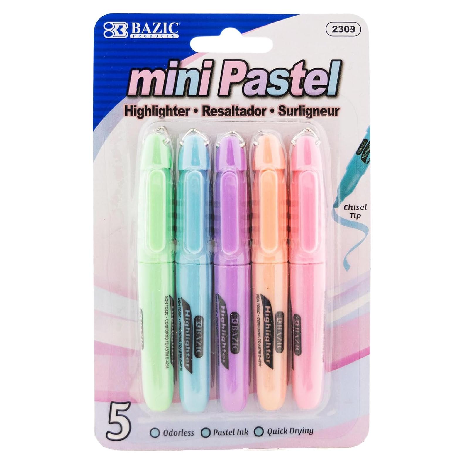 Mini Resaltador Pastel BAZIC, Punta Chisel Ancha y Fina, 5 Unidades