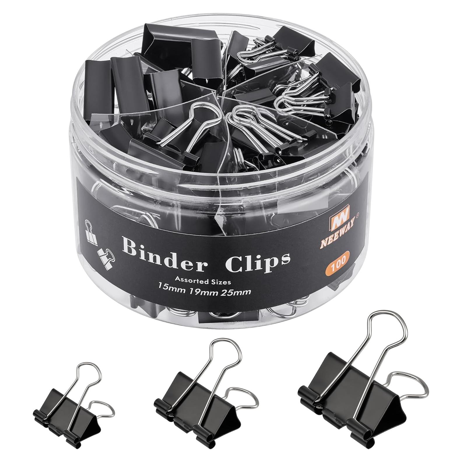 100 Clips de Carpeta NEEWAY Negros Tamaños Asortidos 1.5-2.5cm