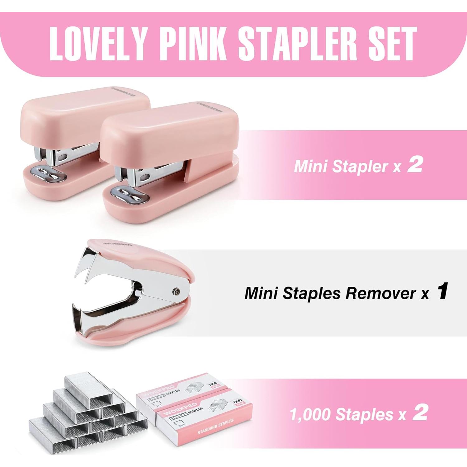 Grapadora Mini Rosa WORKPRO con 2000 Grapas y Quitagrapas