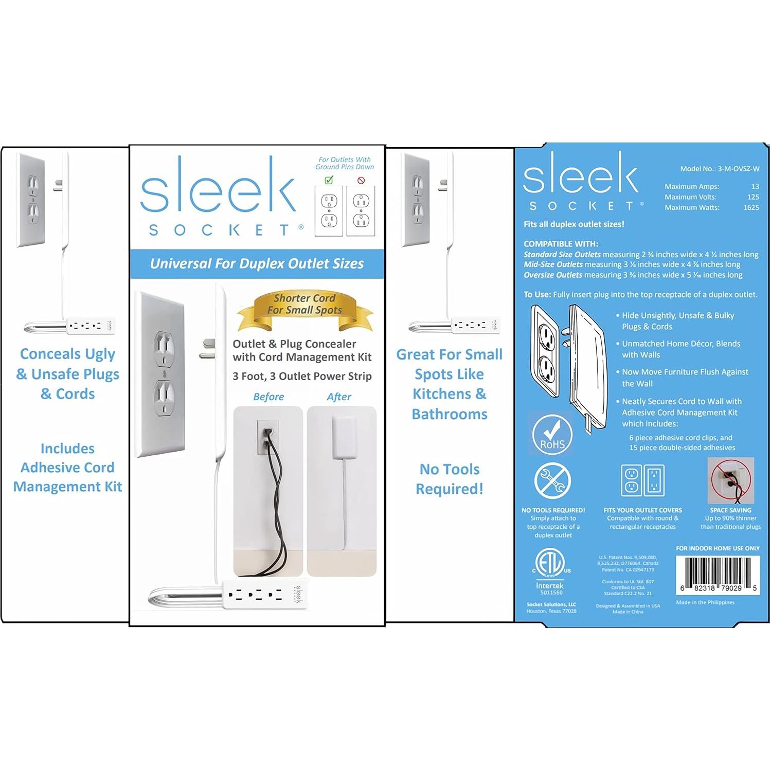 Sleek Socket Concealer de Enchufe Ultra Delgado 3 pies