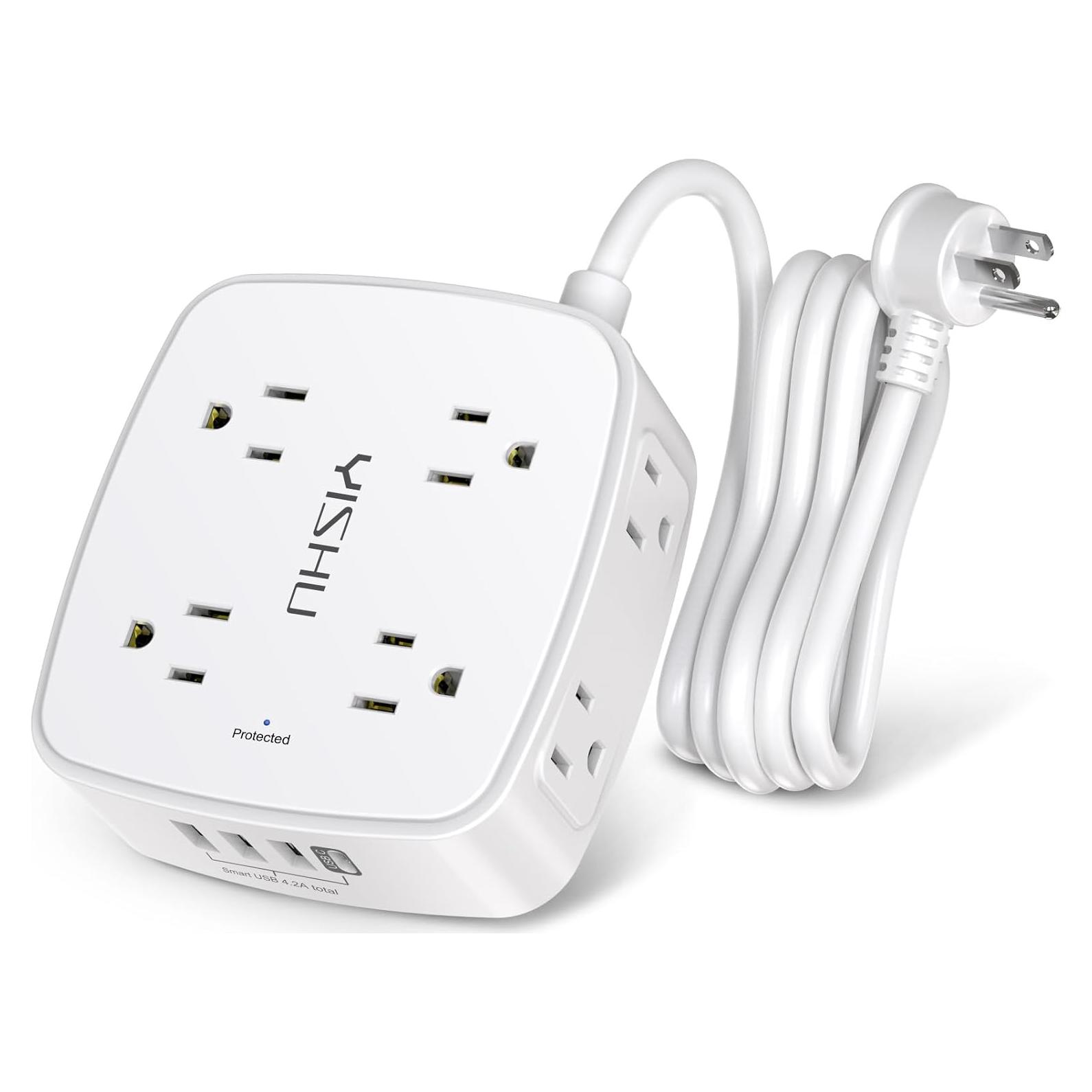 Protector de Sobretensión YISHU 8 Salidas 4 USB 6 Pies Blanco