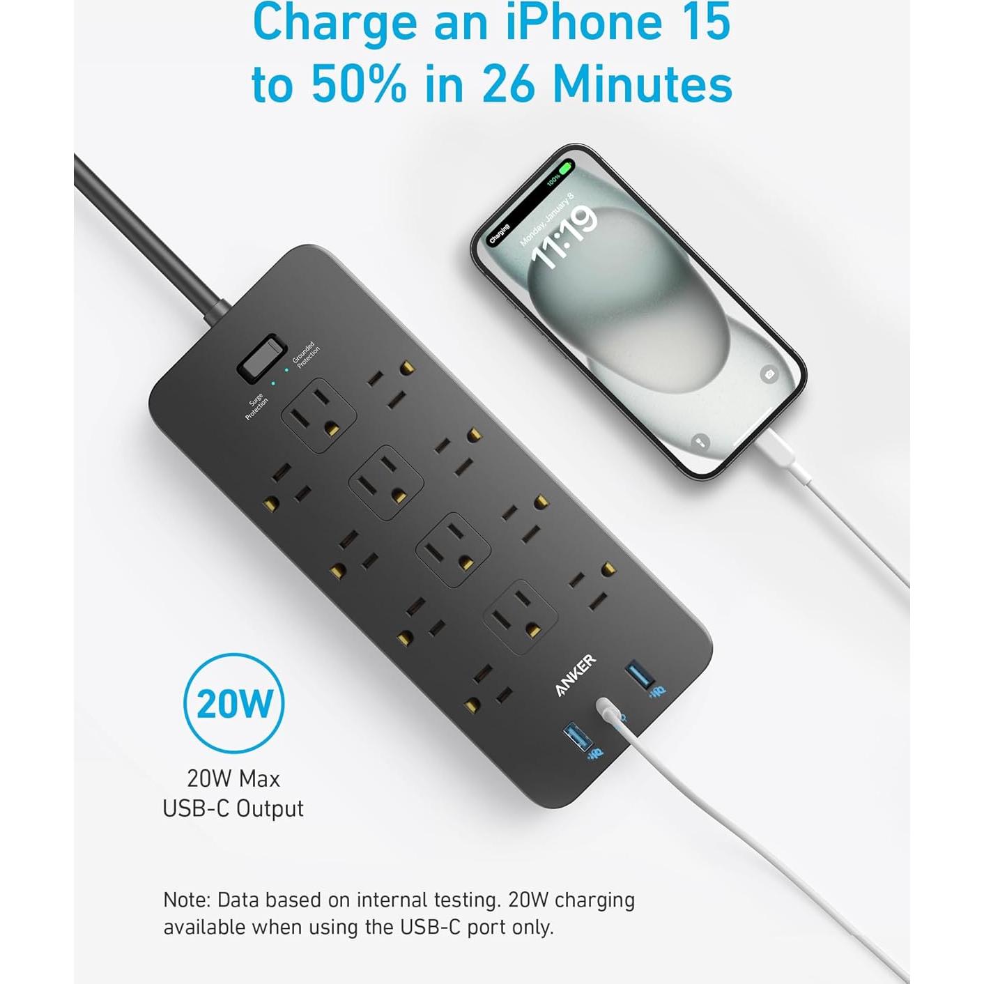 Regleta de Protección Anker 351, 12 Salidas + 3 Puertos USB, 1.5m