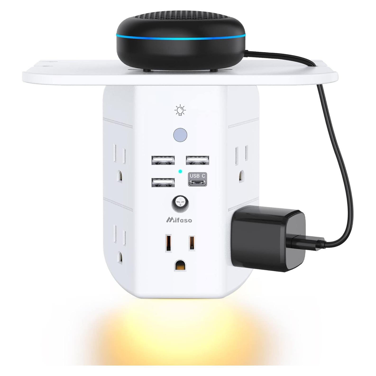 Extensor de Enchufe Mifaso con Estante y Luz Nocturna 9 en 1