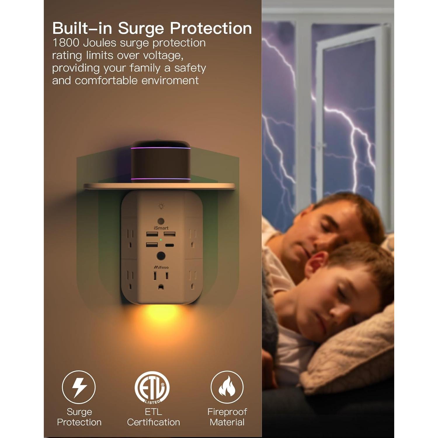 Extensor de Enchufe Mifaso con Estante y Luz Nocturna 9 en 1