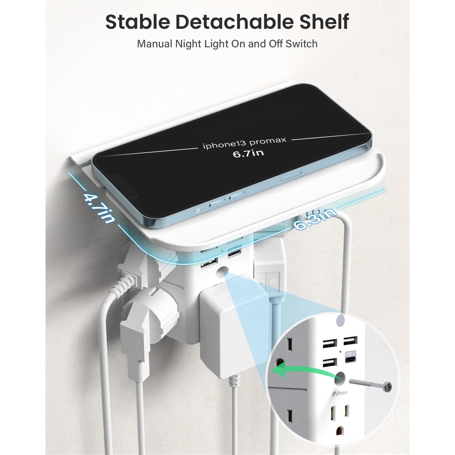 Extensor de Enchufe Mifaso con Estante y Luz Nocturna 9 en 1