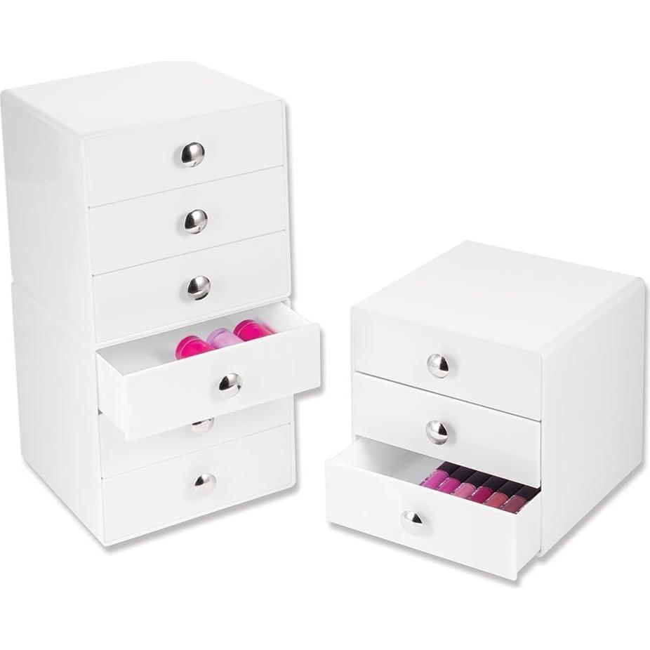 iDesign 3-Drawer Plastic Vanity Organizer, Compact Storage Organization Drawers Set for Cosmetics, Dental Supplies, Hair Care, Bathroom, Dorm, Desk, Countertop, Office, 6.5" x 6.5" x 6.5", White