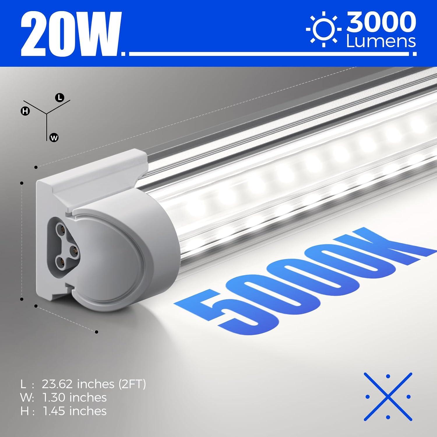 Luces LED T8 Barrina 2FT 20W 3000LM 5000K - 2 Paquetes