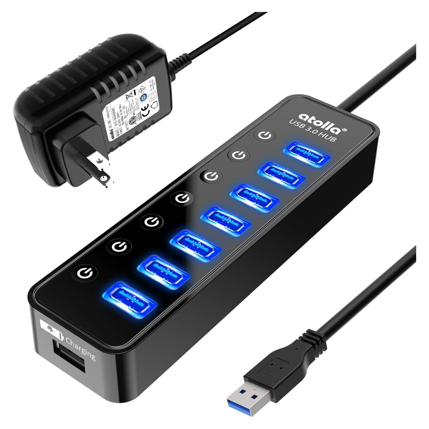 Hub USB 3.0 Atolla 7 Puertos con Carga Inteligente y Interruptores