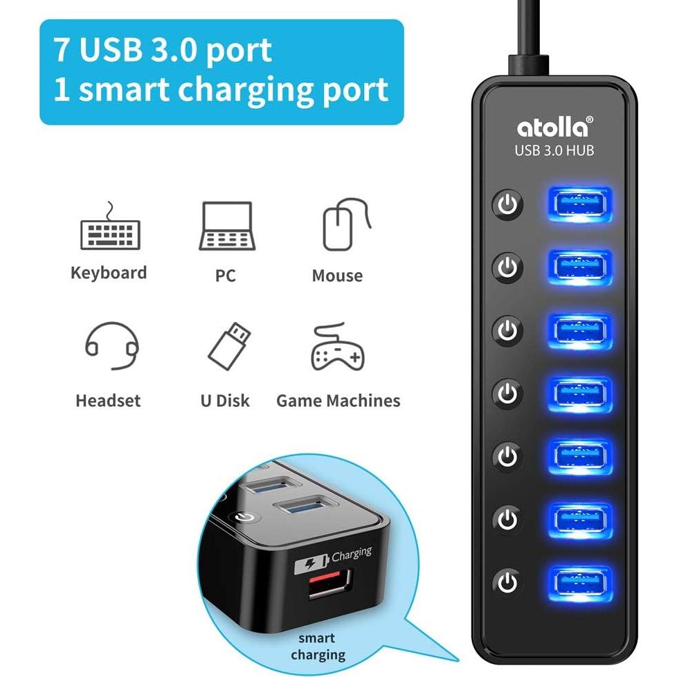 Hub USB 3.0 Atolla 7 Puertos con Carga Inteligente y Interruptores