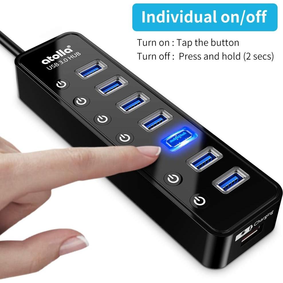 Hub USB 3.0 Atolla 7 Puertos con Carga Inteligente y Interruptores