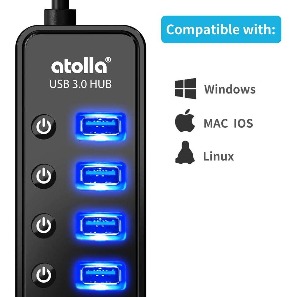 Hub USB 3.0 Atolla 7 Puertos con Carga Inteligente y Interruptores