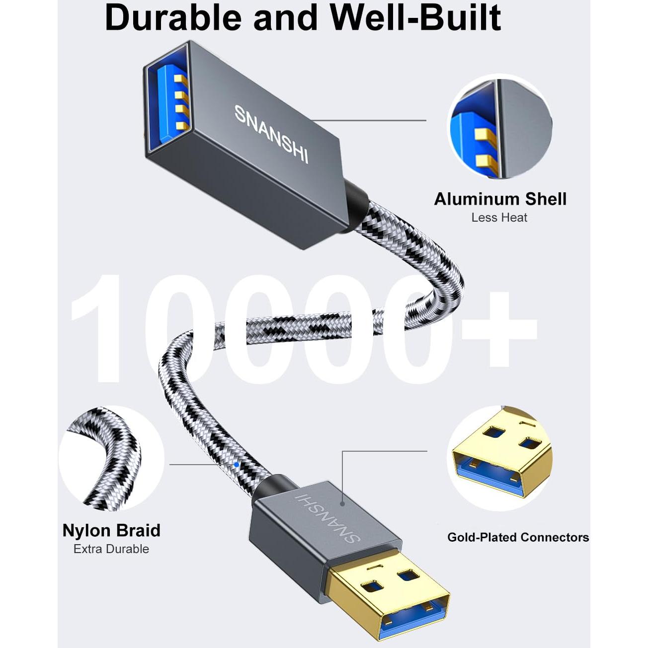 Cable de Extensión USB 3.0 SNANSHI 30cm 2Pack Nylon Trenzado