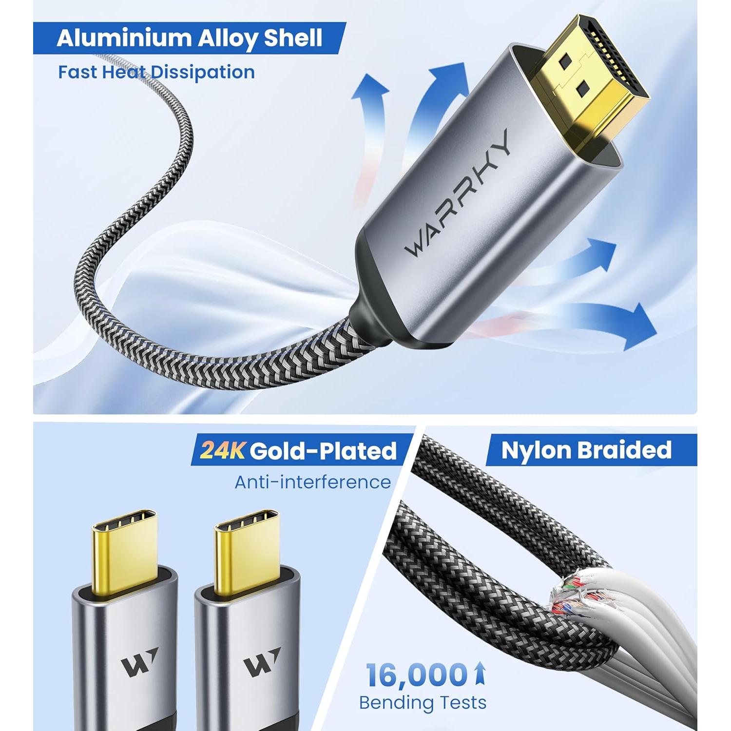Cable HDMI 4K 60Hz WARRKY Tipo C 1.83m Aluminio Chapado Oro