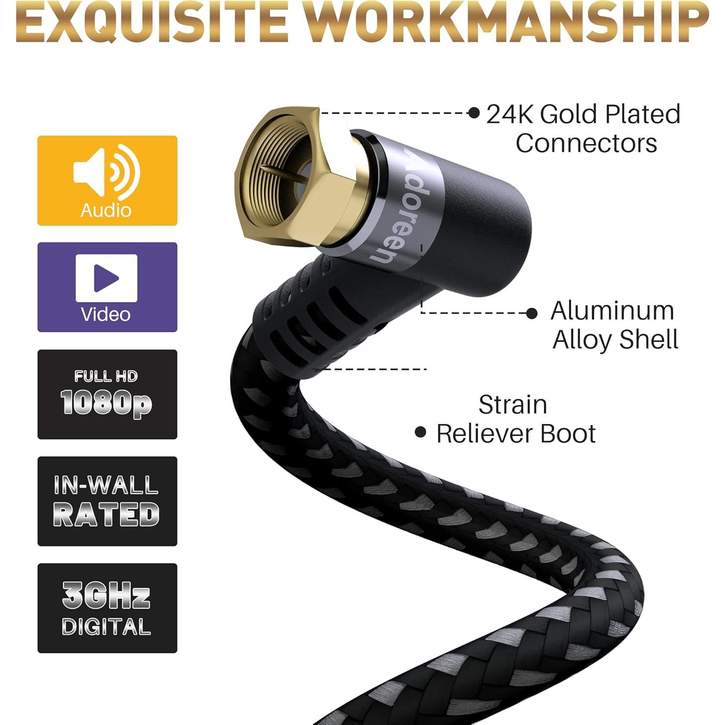 Cable Coaxial Adoreen 1.22 m Cuádruple Blindado RG6 90°
