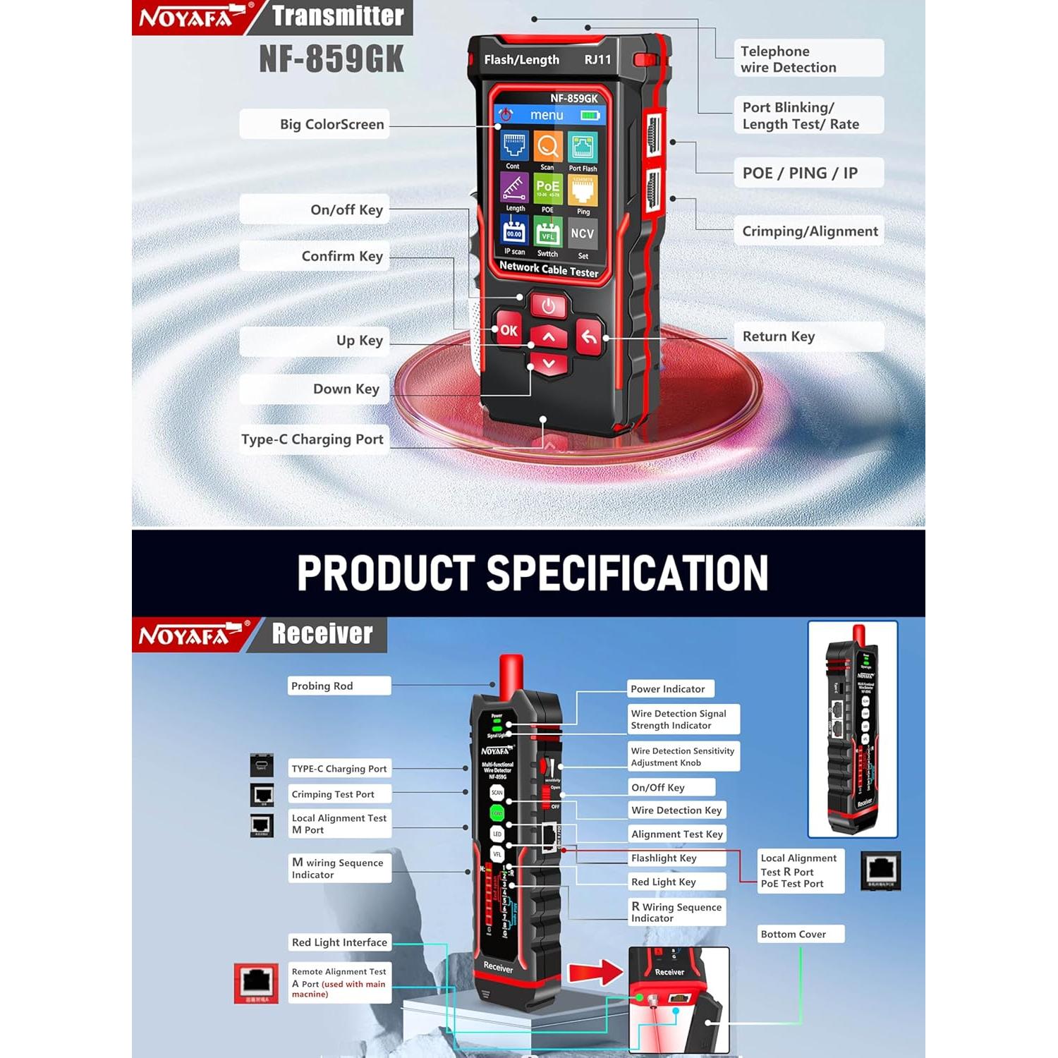 Probador de Cable de Red NOYAFA NF-859GK con Función PoE