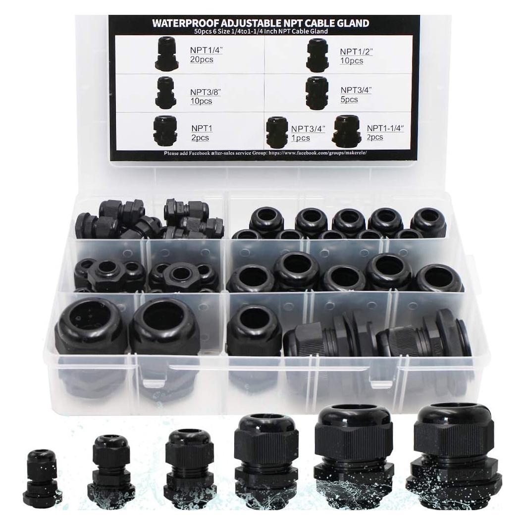 Kit de Pasacables NPT 50pcs MAKERELE Nylon Impermeable