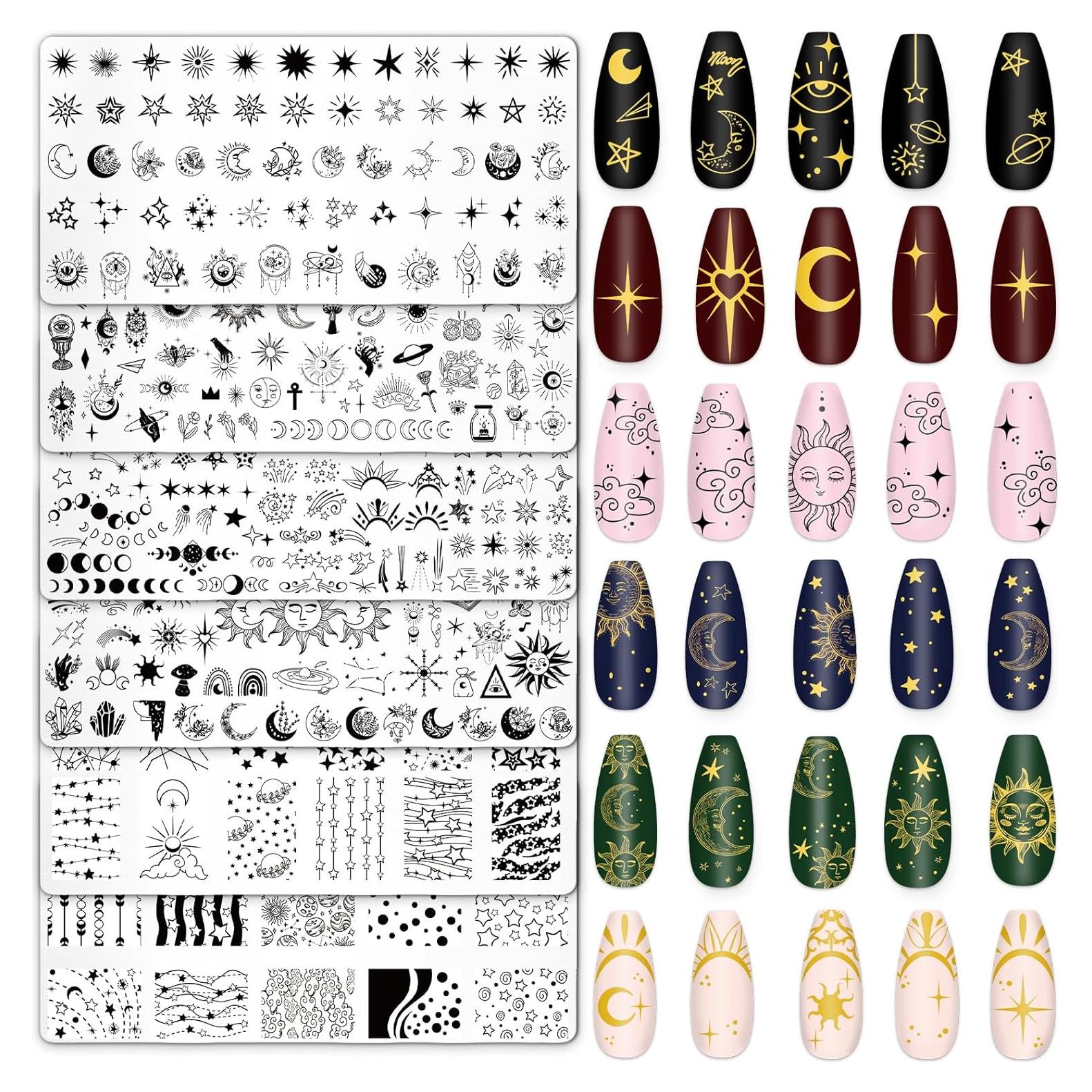 Set de 6 Placas de Estampado de Uñas Whaline - Sol, Luna, Estrella