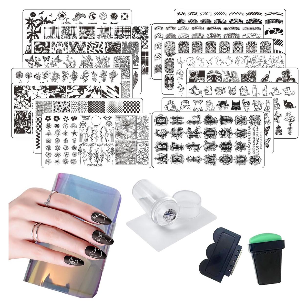 Juego de Placas de Estampado de Uñas VNC 16 Placas + 2 Selladores + 2 Raspadores