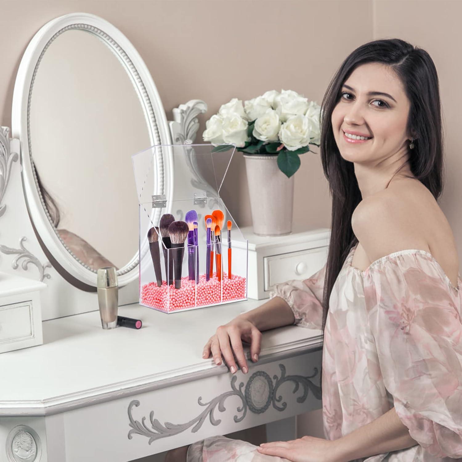 Soporte de Brochas de Maquillaje Acrílico LOHRYVIO 3 Compartimentos