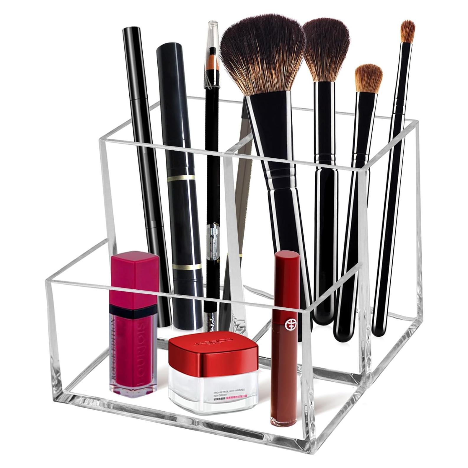 Organizador de Brochas de Maquillaje Cerpourt Acrílico Transparente 3 Compartimentos