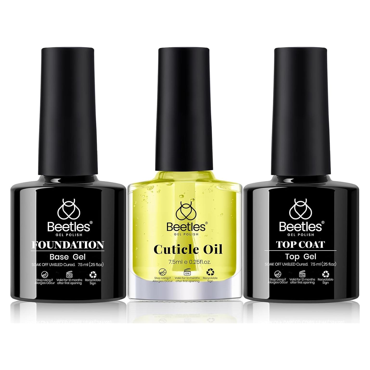 Juego de Gel Base y Top Coat + Aceite Cutículas Beetles 3Pcs