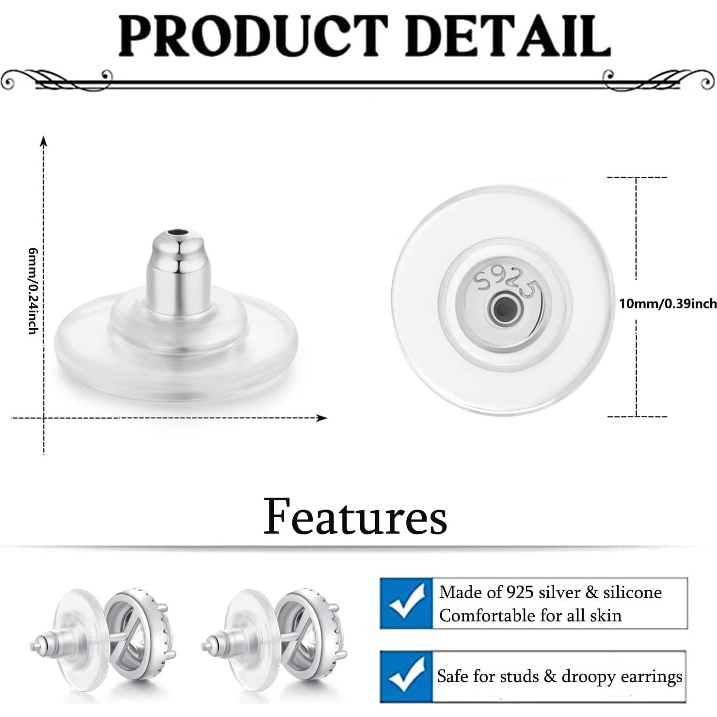 6 Sujetadores de Pendientes Hipoalergénicos Moconar Plata 925