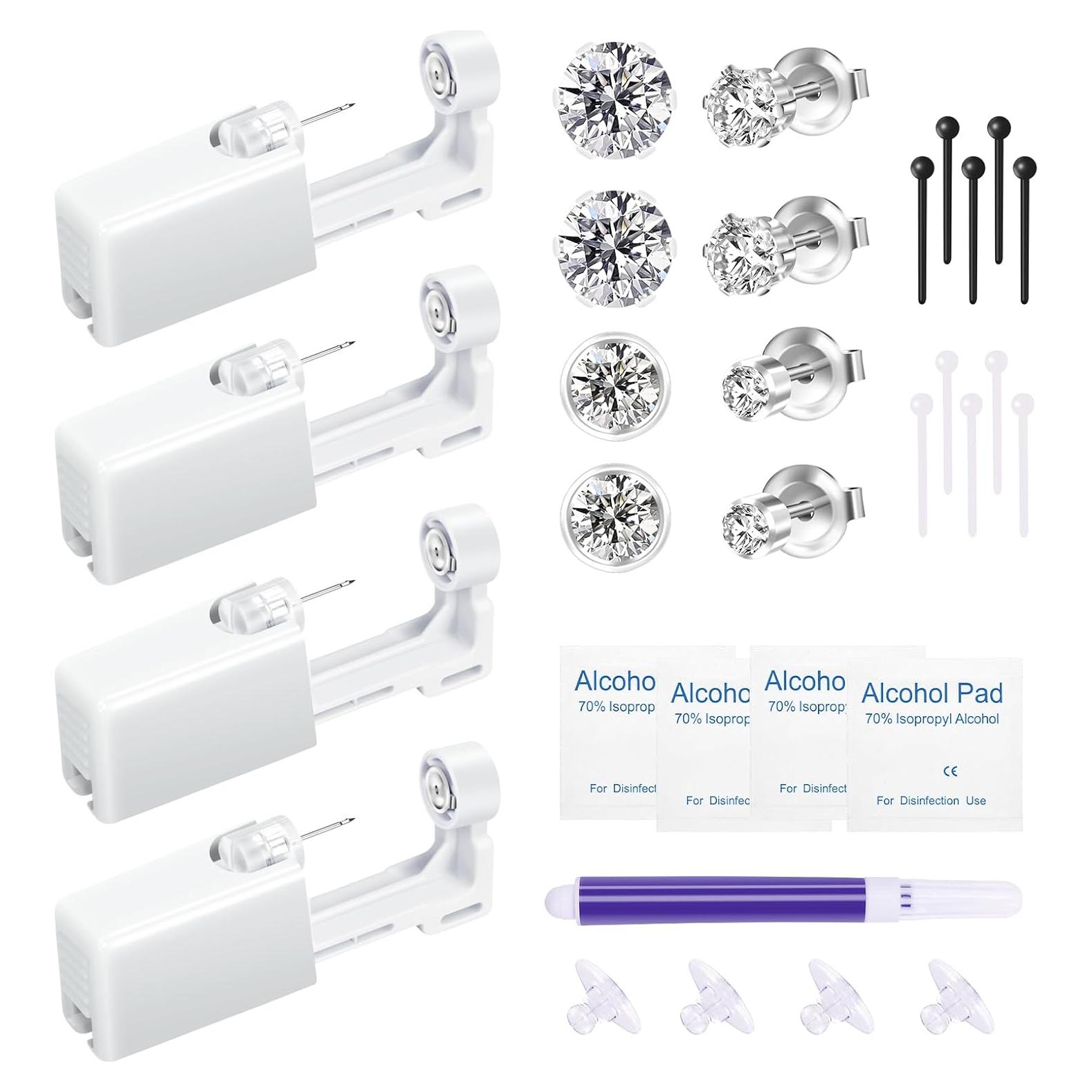 Kit de Perforación de Orejas 4 Piezas - Plata - Hipoalergénico