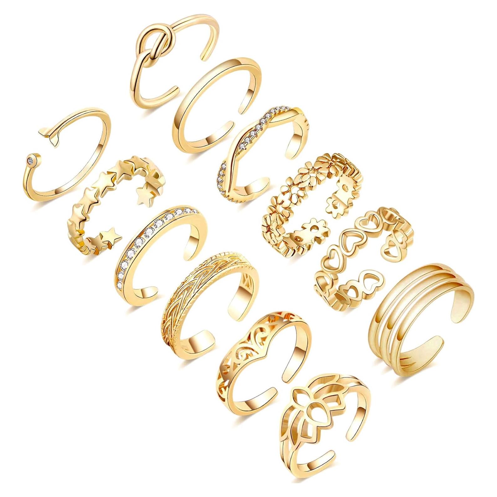 Conjunto de 12 Anillos Ajustables Honsny para Mujeres Oro 14K