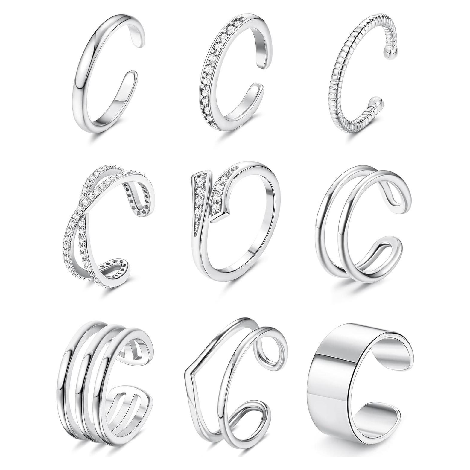 Conjunto de 9 Anillos Ajustables JeryWe para Mujeres Plata