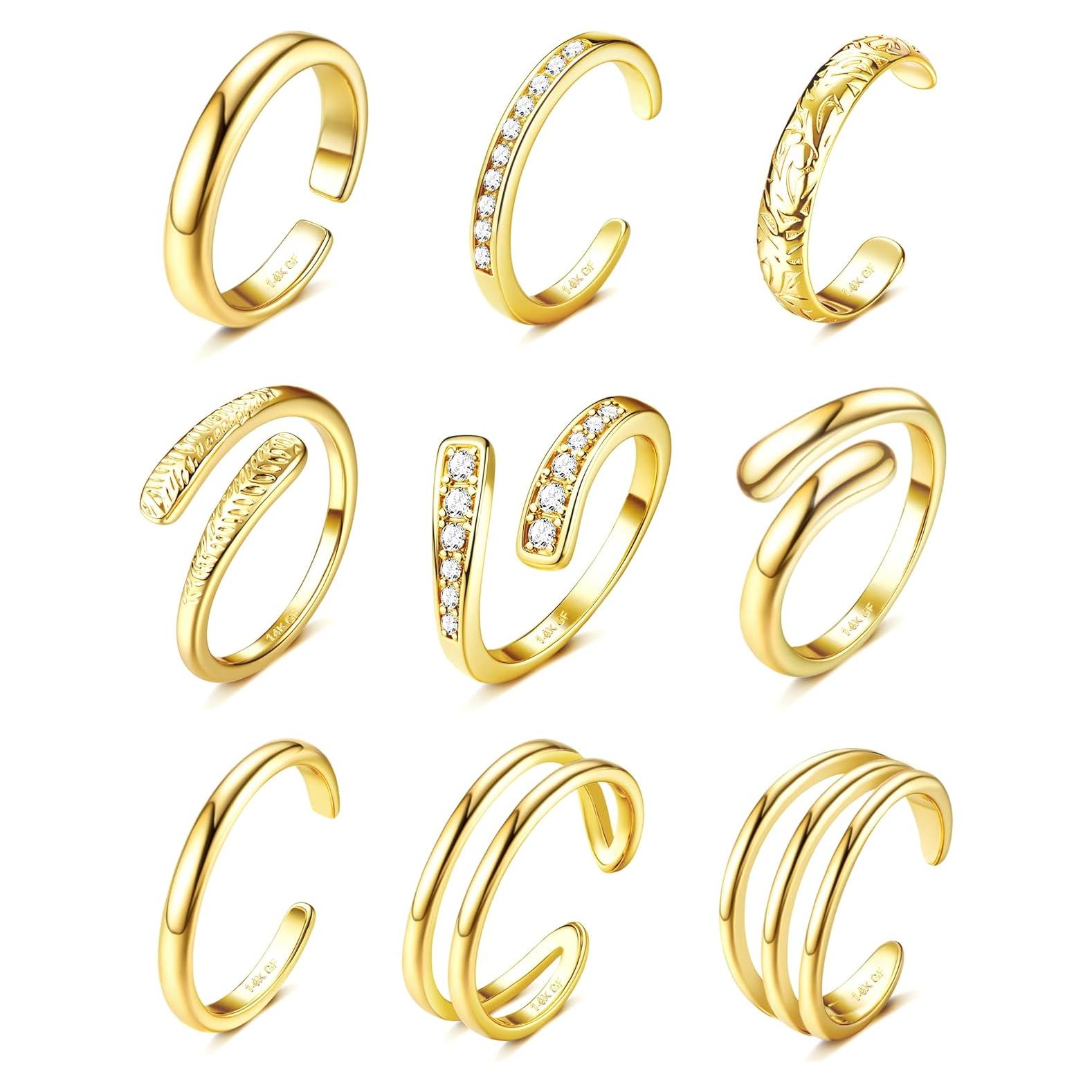 Anillos de Dedo Ajustables Oro 14K para Mujeres - 9 Piezas