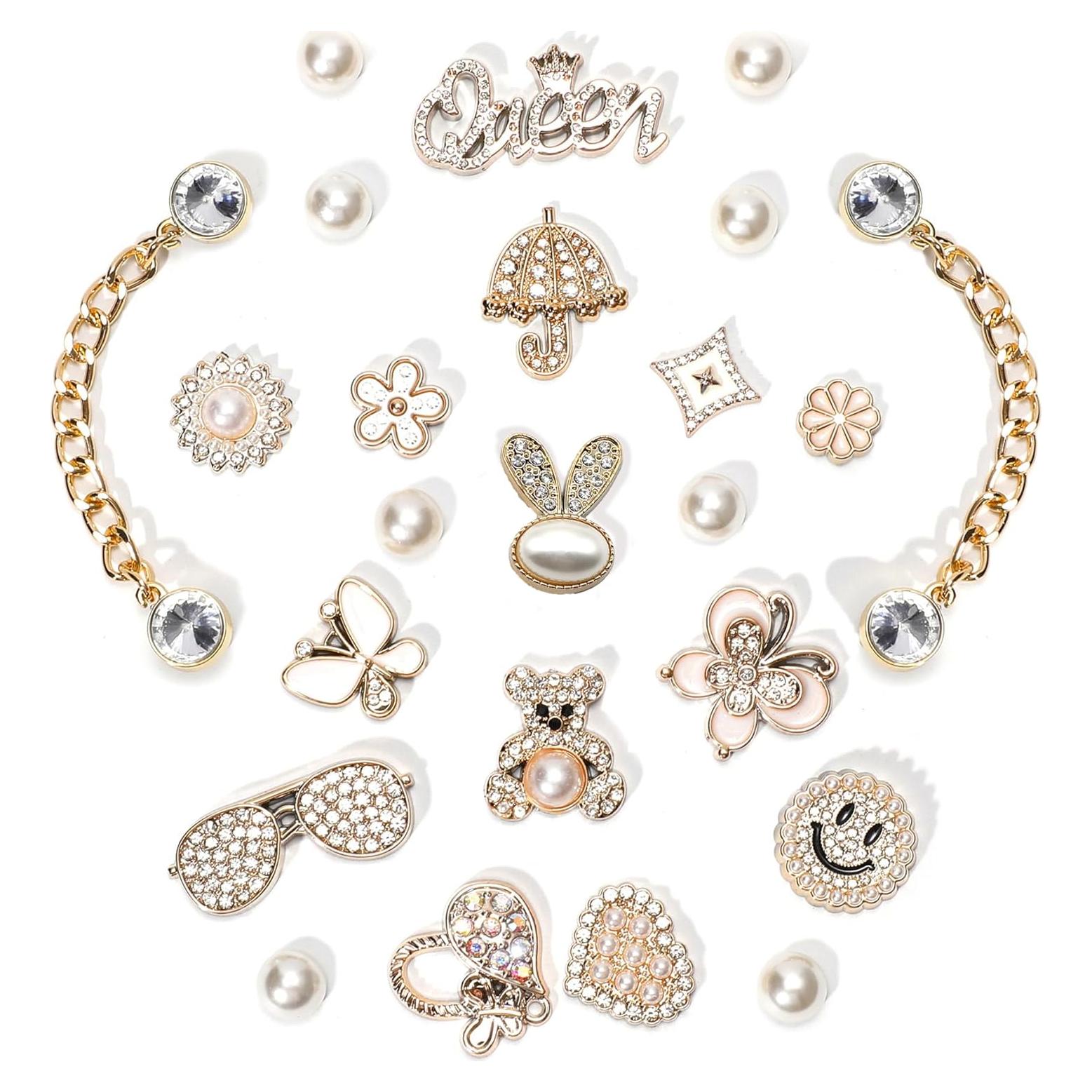 Juego de Encantos para Zapatos Brillantes Dorados - 24 Accesorios