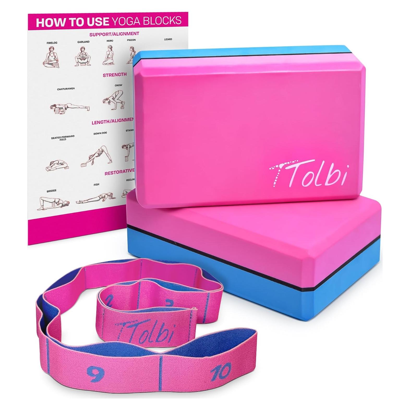 Juego de 2 Bloques de Yoga TTolbi con Banda de Estiramiento Rosa
