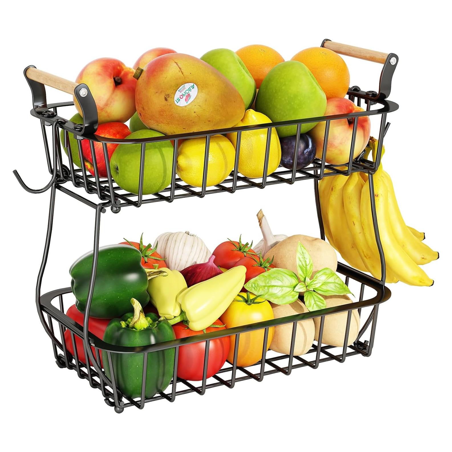 Soporte de Frutas ANTOPY 2 Niveles con Colgadores de Plátano