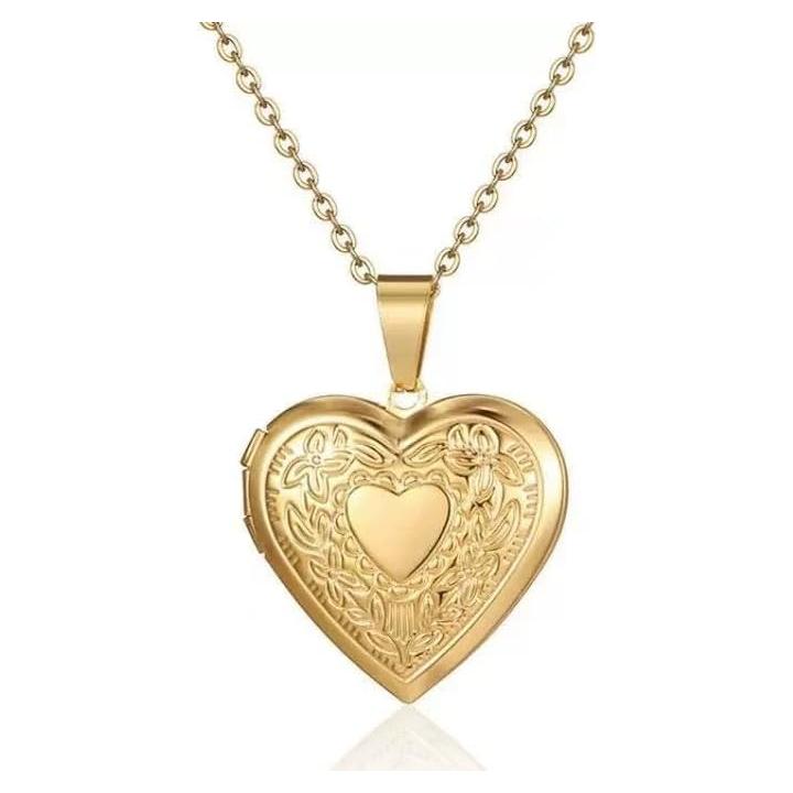 Collar Colgante Vintage con Foto Corazón Grabado Flores