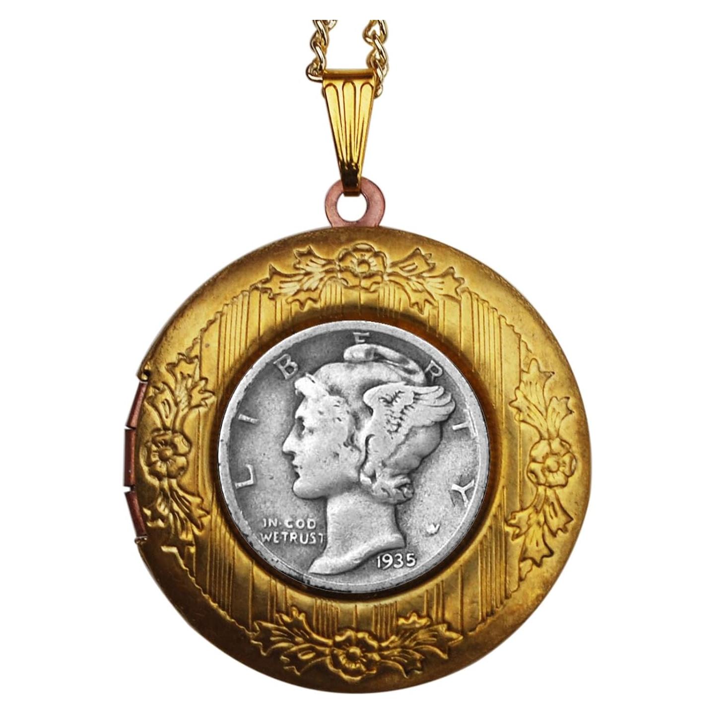Collar medallón con moneda Mercury 10 centavos 1935 plata 90%
